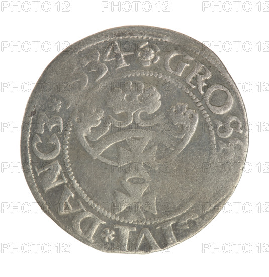 Gdansk grosz, Sigismund I the Old (King of Poland; 1506–1548). Polish coin, Jagiellon dynasty. Obverse: Crowned male bust in profile turned to the right; rim between pearl-shaped borders with inscription: .SI, I.REX.PO.DO.TOCI.PR. Reverse: Coat of arms of Gdansk; rim between pearl-shaped borders with inscription: .GROS, IVI.DANCZ., 34, 1534. Poland, Gdansk.
