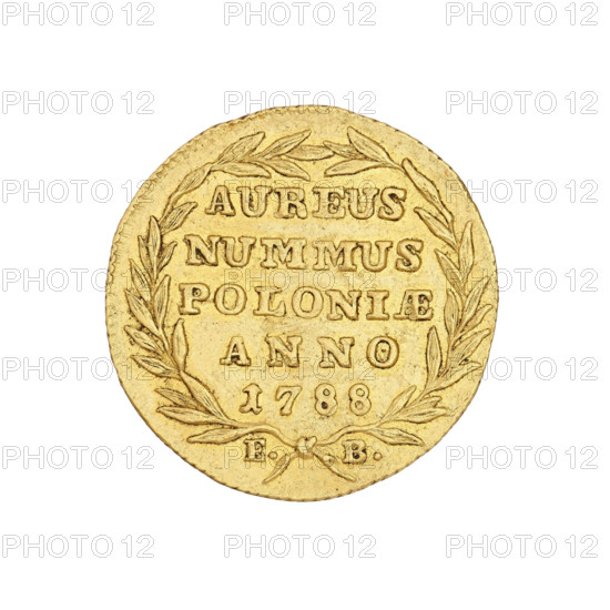Crown ducat; maker: Brenn, Efraim (mint master; 1741–1792); subject: Stanislaw August Poniatowski (king of Poland; reign 1764–1795; lived 1732–1798); place: Warsaw (Masovian Voivodeship), Poland; type: Polish crown coin; Obv.: Head of the king in right profile, legend 'STANISLAUS AUG. D G REX POL. MDL'; Rev.: In a laurel wreath an inscription 'AUREUS/NUMMUS/POLONIAE/ANNO/1788'; at the bottom the letters 'E.-B.'; date 1788; weight 3.48 g.