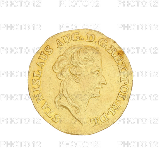 Crown ducat, mint master Efraim Brenn (1741–1792); ruler Stanislaw August Poniatowski (king of Poland; reign 1764–1795; b. 1732–d. 1798). Warsaw, 1789. Polish coin (crown), weight 3.48 g. Obverse: Head of the king in right profile, legend 'STANISLAUS AUG. D G REX POL. MDL'. Reverse: In a laurel wreath an inscription 'AUREUS / NUMMUS / POLONIAE / ANNO / 1789'; at the bottom the letters 'E.-B.'