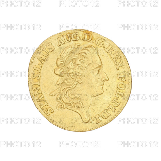Crown ducat, minted by Efraim Brenn (mint master, 1741–1792). Obverse: head of King Stanislaw August Poniatowski (king of Poland, 1764–1795; 1732–1798) in right profile, legend 'STANISLAUS AUG. D G REX POL. MDL'. Reverse: within a laurel wreath the inscription 'AUREUS/NUMMUS/POLONIAE/ANNO/1791'; at the bottom the letters 'E.-B.', 1791. Polish coin, Warsaw; weight 3.49 g.
