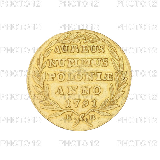 Crown ducat; maker: Brenn, Efraim (mint master; 1741–1792); subject: Stanislaw August Poniatowski (king of Poland; 1732–1798; reign 1764–1795); place: Warsaw, Masovian Voivodeship, Poland; date: 1791; type: Polish coin (crown ducat); weight: 3.49 g. Obverse: Head of the king in right profile, legend 'STANISLAUS AUG.DGREX POL.MDL'. Reverse: In a laurel wreath an inscription 'AUREUS/NUMMUS/POLONIAE/ANNO/1791'. At the bottom the letters 'E.-B.'
