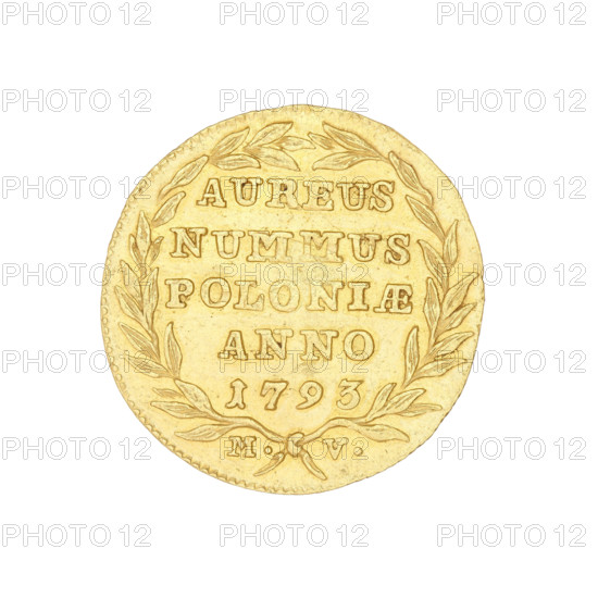 Crown ducat, Stanislaw August Poniatowski (King of Poland; reign 1764–1795), maker: Stanislaw August Poniatowski (b.1732–d.1798). Warsaw, 1793. Obverse: head of the king in right profile, legend 'STANISLAUS AUG. D G REX POL. MDL'. Reverse: inscription in a laurel wreath 'AUREUS/NUMMUS/POLONIAE/ANNO/1793' with letters 'M. -V.' at the bottom. Coin (polish crown ducat), weight 3.46 g.
