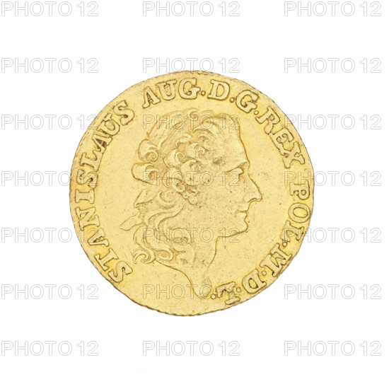 Crown ducat, Stanislaw August Poniatowski (King of Poland; reign 1764–1795), portrait of Stanislaw August Poniatowski (1732–1798). Obverse: Head of the king in right profile, legend 'STANISLAUS AUG. D G REX POL. MDL'. Reverse: Inscription in a laurel wreath: 'AUREUS/NUMMUS/POLONIAE/ANNO/1794'. At the bottom the letters 'M.-V.'. 1794, Warsaw, Poland. Coin, weight 3.46 g.