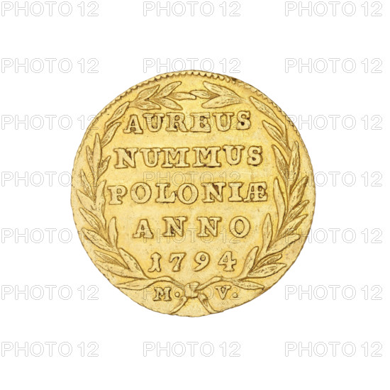 Crown ducat, Stanislaw August Poniatowski (King of Poland; 1764–1795), Stanislaw August Poniatowski (King of Poland; 1732–1798). Obverse: Head of the king in right profile, legend: STANISLAUS AUG.DGREX POL.MDL. Reverse: Inscription in a laurel wreath: AUREUS/NUMMUS/POLONIAE/ANNO/1794. At the bottom the letters M.-V.; dated 1794. Poland, Warsaw; coin, weight 3.46 g.