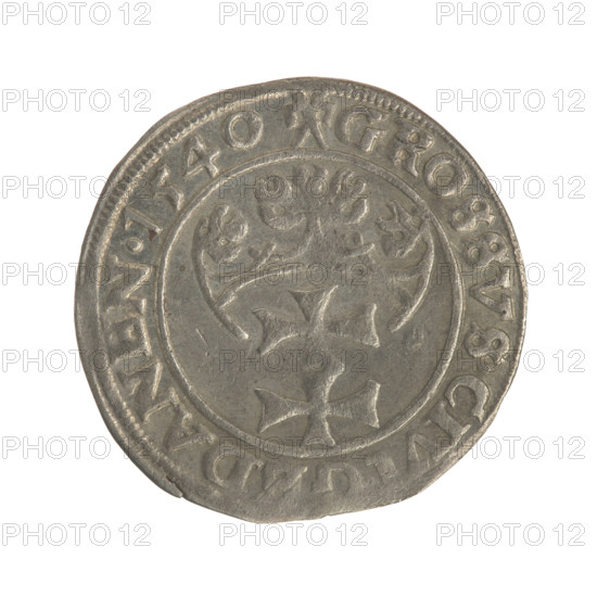 Gdansk grosz, Sigismund I the Old (King of Poland; 1506–1548). Polish coin, Jagiellon dynasty. Obverse: Crowned male bust in profile turned to the right; in the rim between pearl-shaped borders an inscription: .SIG, .I.REX, O.DO.TO.PRVS. Reverse: Coat of arms of Gdansk; in the rim between pearl-shaped borders an inscription: .GROSSVS.CIV, EDANEN.1540. Dated 1540. Poland, Gdansk.