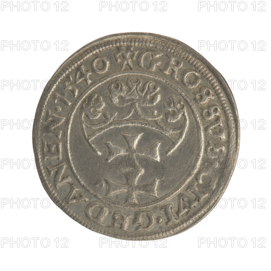 Gdansk grosz, Sigismund I the Old (King of Poland; 1506–1548). Coin, 1540. Obverse: Crowned male royal bust in profile facing right; rim between pearl-shaped borders with inscription: .SIGIS.I.REX.POLO.DO.TO.PRVSS. Reverse: Coat of arms of Gdansk; rim between pearl-shaped borders with inscription: .GROSSVS.CIVI.GEDANEN.1540. Poland, Gdansk. Genres: Polish coin; Jagiellon dynasty; iconography: royal male busts.