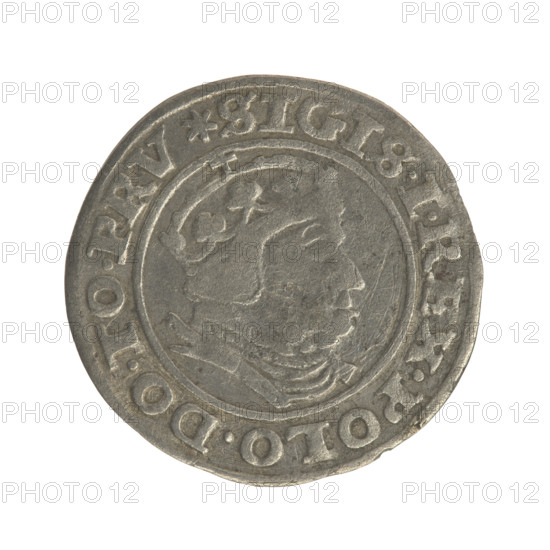 Gdansk grosz, Sigismund I the Old (King of Poland; 1506–1548). Polish coin (1540). Obverse: Crowned male bust in profile turned to the right; in the rim between pearl-shaped borders an inscription: .SIGIS.I.REX.POLO.DO.TO.PRV. Reverse: Coat of arms of Gdansk; in the rim between pearl-shaped borders an inscription: .GROSSVS.CIVI.GEDANEN.1540.