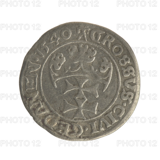 Gdansk grosz, Sigismund I the Old (King of Poland; 1506–1548), Polish coin, Jagiellon dynasty. Obverse: Crowned male bust of the king in profile facing right; in the rim between pearl-shaped borders an inscription: .SIGIS.I.REX.POLO.DO.TO.PRV. Reverse: Coat of arms of Gdansk; in the rim between pearl-shaped borders an inscription: .GROSSVS.CIVI.GEDANEN.1540. Dated 1540; Poland, Gdansk.