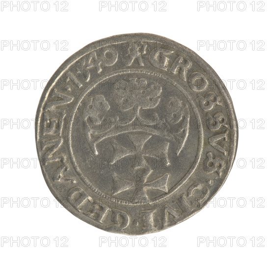 Gdansk grosz, Sigismund I the Old (King of Poland; 1506–1548). Polish coin, Jagiellon dynasty. Obverse: Crowned male bust (royal bust) in profile turned to the right; in the rim between pearl-shaped borders an inscription: .SIGIS.I.REX.POLO.DO.TO.PRV. Reverse: Coat of arms of Gdansk; in the rim between pearl-shaped borders an inscription: .GROSSVS.CIVI.GEDANEN.1540. Dated 1540. Poland, Gdansk.