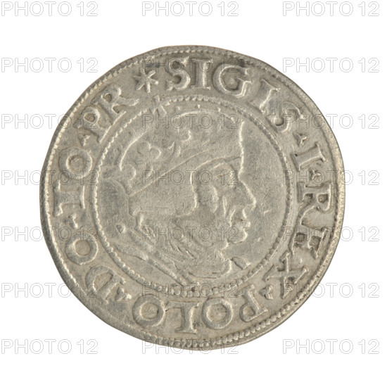 Gdansk grosz, Sigismund I the Old (King of Poland; 1506–1548). Polish coin (1548). Obverse: Crowned male bust in profile turned to the right; in the rim between pearl-shaped borders an inscription: .SIGIS.I.REX.POLO.DO.TO.PR. Reverse: Coat of arms of Gdansk; in the rim between pearl-shaped borders an inscription: .GROSS.CIVI.GEDANEN.1548. Gdansk, Poland.