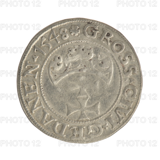 Gdansk grosz, Sigismund I the Old (King of Poland; reign 1506–1548). Silver coin (1548). Obverse: Crowned royal bust of Sigismund I in profile facing right; rim inscription between pearl-shaped borders: .SIGIS.I.REX.POLO.DO.TO.PR. Reverse: Coat of arms of Gdansk; rim inscription between pearl-shaped borders: .GROSS.CIVI.GEDANEN.1548. Polish, Gdansk.