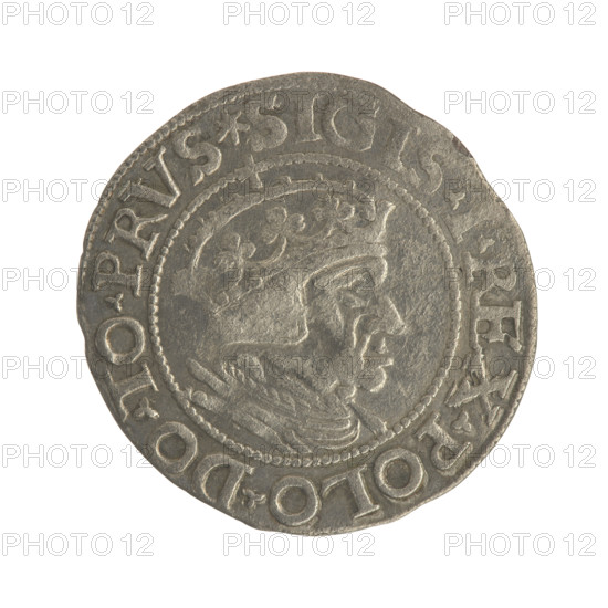 Gdansk grosz, Sigismund I the Old (King of Poland; 1506–1548). Polish coin, Jagiellon dynasty. Obverse: Crowned male bust in profile facing right with rim inscription between pearl-shaped borders: SIGI.REX.POLO.DO.TO.PRVS. Reverse: Coat of arms of Gdansk with rim inscription between pearl-shaped borders: GROSS.CIVI.GEDANEN.1548. Date: 1548. Poland, Gdansk.