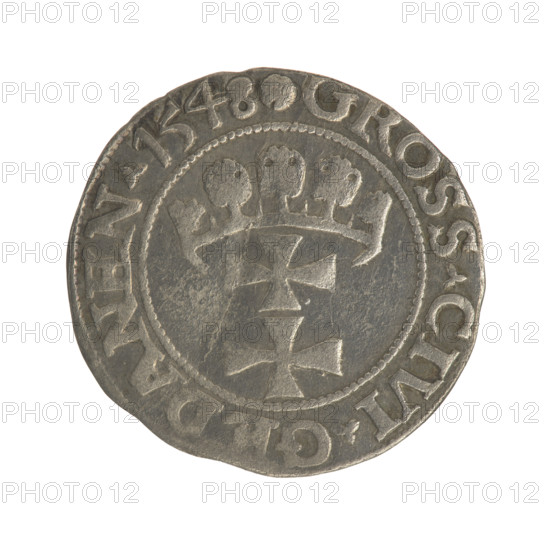 Gdansk grosz, Sigismund I the Old (King of Poland; 1506–1548). Silver coin, 1548. Obverse: Crowned royal bust of Sigismund I in profile facing right; inscription in rim between pearl-shaped borders: SIGI.REX.POLO.DO.TO.PRVS. Reverse: Coat of arms of Gdansk; inscription in rim between pearl-shaped borders: GROSS.CIVI.GEDANEN.1548. Poland, Gdansk.