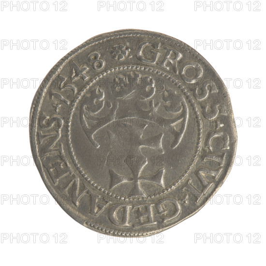 Gdansk grosz, Sigismund I the Old (King of Poland; 1506–1548). Coin, 1548. Obverse: Crowned male bust in profile turned to the right; in the rim between pearl-shaped borders an inscription: .SIGIS.I.REX.POLO.DO.TO.PR. Reverse: Coat of arms of Gdansk; in the rim between pearl-shaped borders an inscription: .GROSS.CIVI.GEDANENS.1548. Poland, Gdansk.