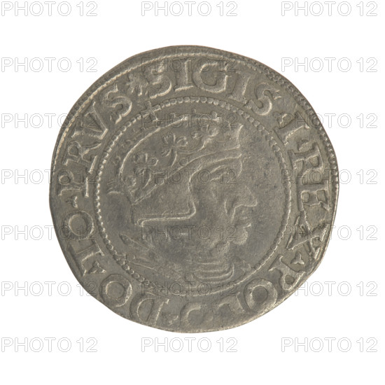 Gdansk grosz, Sigismund I the Old (King of Poland; 1506–1548). Polish coin (1548). Obverse: Crowned male bust in profile facing right; rim between pearl-shaped borders with inscription '.SIGIS.I.REX.POLO.DO.TO.PRVS'. Reverse: Coat of arms of Gdansk; rim between pearl-shaped borders with inscription '.GROSS.CIVI.GEDANENS.1548'. Poland, Gdansk.