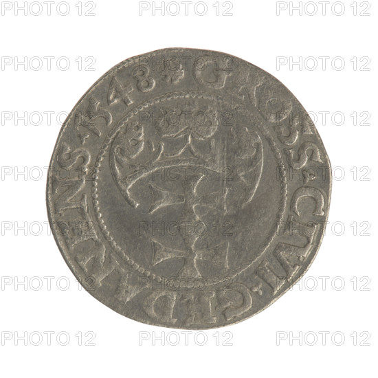 Gdansk grosz, Sigismund I the Old (King of Poland; 1506–1548). Polish coin (1548). Obverse: Crowned royal bust of Sigismund I in profile facing right; rim inscription between pearl-shaped borders: .SIGIS.I.REX.POLO.DO.TO.PRVS. Reverse: Coat of arms of Gdansk; rim inscription between pearl-shaped borders: .GROSS.CIVI.GEDANENS.1548.