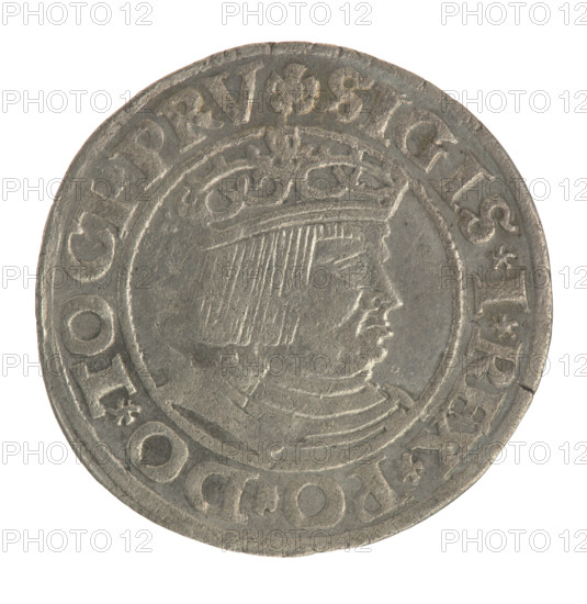 Gdansk grosz, Sigismund I the Old (King of Poland; 1506–1548). Polish coin, Jagiellonian dynasty. Obverse: Crowned royal male bust in profile turned to the right; in the rim between pearl-shaped borders an inscription: .SIGIS.I.REX.PO.DO.TOCI.PRV. Reverse: Coat of arms of Gdansk; in the rim between pearl-shaped borders an inscription: .GROSSVS.CIVI.DANCZ.1530. Dated 1530; Poland, Gdansk.