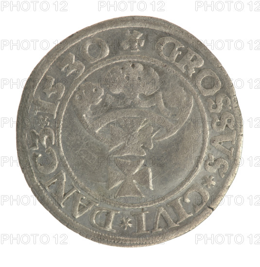 Gdansk grosz, Sigismund I the Old (King of Poland; 1506–1548). Polish coin (1530). Obverse: Crowned male bust in profile turned to the right; in the rim between pearl-shaped borders an inscription: .SIGIS.I.REX.PO.DO.TOCI.PRV. Reverse: Coat of arms of Gdansk; in the rim between pearl-shaped borders an inscription: .GROSSVS.CIVI.DANCZ.1530.