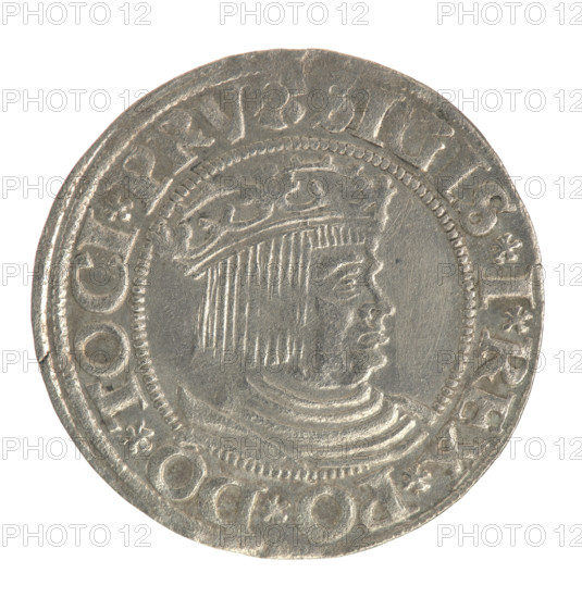 Gdansk grosz, Sigismund I the Old (King of Poland; 1506–1548). Polish coin, Jagiellon dynasty. Obverse: Crowned male (royal) bust in profile turned right; in the rim between pearl-shaped borders an inscription: .SIGIS.I.REX.PO.DO.TOCI.PRV. Reverse: Coat of arms of Gdansk; in the rim between pearl-shaped borders an inscription: .GROSSVS.CIVI.DANCZ.1531. Dated 1531. Poland, Gdansk.