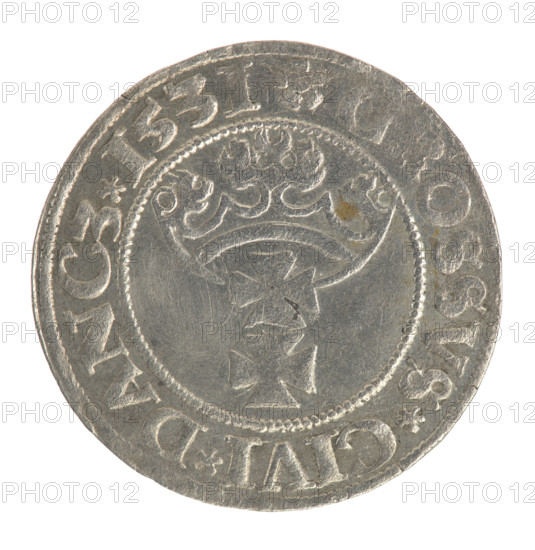 Gdansk grosz, Sigismund I the Old (King of Poland; 1506–1548). Polish coin of the Jagiellon dynasty. Obverse: crowned male bust in profile turned to the right; in the rim between pearl-shaped borders an inscription: .SIGIS.I.REX.PO.DO.TOCI.PRV. Reverse: coat of arms of Gdansk; in the rim between pearl-shaped borders an inscription: .GROSSVS.CIVI.DANCZ.1531. Dated 1531. Poland, Gdansk.