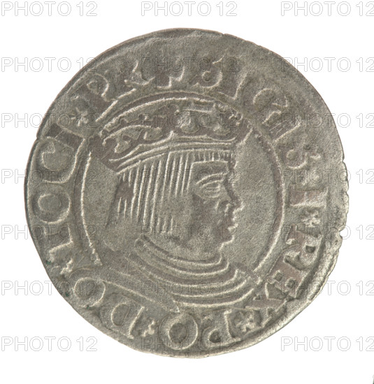 Gdansk grosz, Sigismund I the Old (King of Poland; 1506–1548). Polish coin (1532). Obverse: Crowned male bust in profile turned to the right; rim between pearl-shaped borders with inscription .SIGIS.I.REX.PO.DO.TOCI.PR. Reverse: Coat of arms of Gdansk; rim between pearl-shaped borders with inscription .GROSSVS.CIVI.DANCZ.153Z. Style: royal busts, Jagiellon dynasty iconography. Location: Gdansk, Poland.