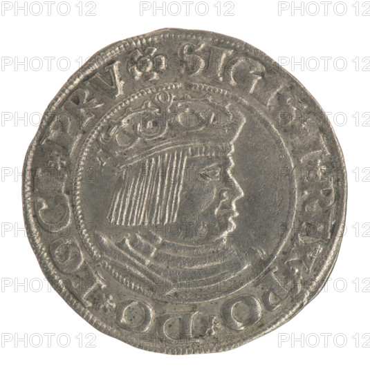 Gdansk grosz, Sigismund I the Old (King of Poland; 1506–1548). Polish coin (1531). Obverse: Crowned male bust in profile turned to the right; in the rim between pearl-shaped borders an inscription: .SIGIS.I.REX.PO.DO.TOCI.PRV. Reverse: Coat of arms of Gdansk; in the rim between pearl-shaped borders an inscription: .GROSSVS.CIVI.DANCZ.1531.