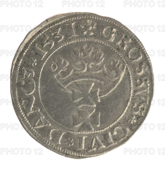 Gdansk grosz, Sigismund I the Old (King of Poland; 1506–1548). Silver coin, 1531. Obverse: Crowned royal male bust in profile turned right; rim between pearl-shaped borders with inscription '.SIGIS.I.REX.PO.DO.TOCI.PRV'. Reverse: Coat of arms of Gdansk; rim between pearl-shaped borders with inscription '.GROSSVS.CIVI.DANCZ.1531'. Poland, Gdansk.