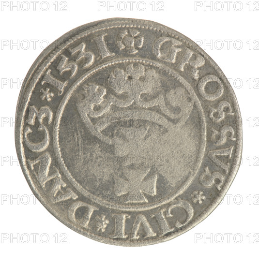 Gdansk grosz, Sigismund I the Old (King of Poland; 1506–1548). Polish coin, Jagiellon dynasty. Obverse: Crowned male bust in profile turned right; rim between pearl-shaped borders with inscription: .SIGIS.I.REX.PO.DO.TOCI.PR. Reverse: Coat of arms of Gdansk; rim between pearl-shaped borders with inscription: .GROSSVS.CIVI.DANCZ.1531. 1531; Poland, Gdansk.
