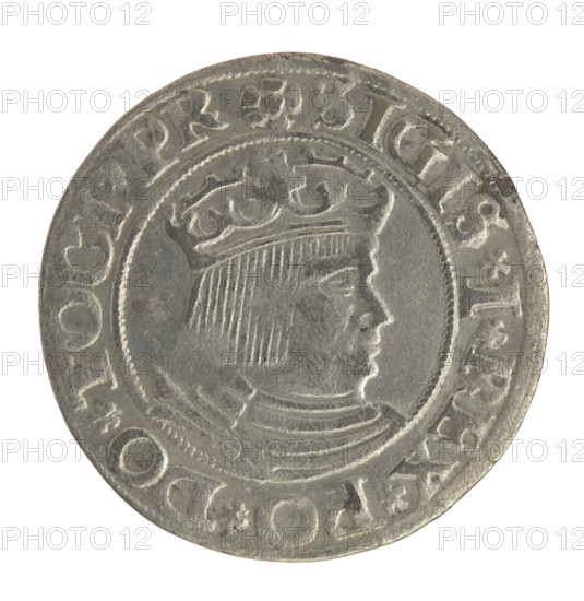 Gdansk grosz, Sigismund I the Old (King of Poland; 1506–1548). Polish coin, Jagiellon dynasty. Male royal bust (crowned) in profile turned to the right on obverse; inscription in rim between pearl-shaped borders: .SIGIS.I.REX.PO.DO.TOCI.PR. Reverse: Coat of arms of Gdansk; inscription in rim between pearl-shaped borders: .GROSSVS.CIVI.DANCZ.1531. Dated 1531. Poland, Gdansk.