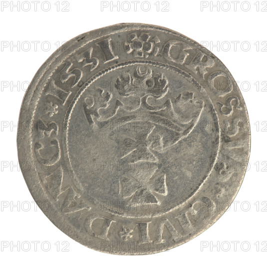 Gdansk grosz, Sigismund I the Old (King of Poland; 1506–1548). Polish coin, Jagiellon dynasty. Obverse: Crowned male (royal) bust in profile facing right; rim between pearl-shaped borders with inscription '.SIGIS.I.REX.PO.DO.TOCI.PR'. Reverse: Coat of arms of Gdansk; rim between pearl-shaped borders with inscription '.GROSSVS.CIVI.DANCZ.1531'. Dated 1531. Poland, Gdansk.