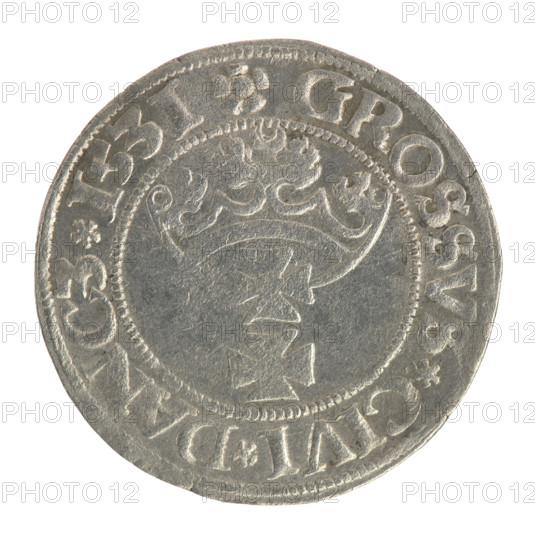Gdansk grosz, Sigismund I the Old (King of Poland; 1506–1548). Silver coin (grosz), 1531. Obverse: Crowned male bust of Sigismund I in profile facing right; rim between pearl-shaped borders with inscription '.SIGIS.I.REX.PO.DO.TOCI.PR'. Reverse: Coat of arms of Gdansk; rim between pearl-shaped borders with inscription '.GROSSVS.CIVI.DANCZ.1531'. Polish, Gdansk.