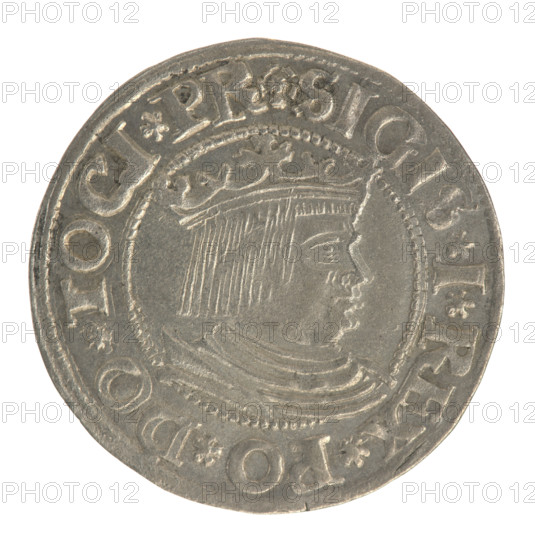 Gdansk grosz; Sigismund I the Old (King of Poland, 1506–1548); Polish coin of the Jagiellon dynasty. Obverse: Crowned male bust in profile turned to the right; rim inscription between pearl-shaped borders: .SIGIS.I.REX.PO.DO.TOCI.PR. Reverse: Coat of arms of Gdansk; rim inscription between pearl-shaped borders: .GROSSVS.CIVI.DANCZ.153Z. Date: 1532. Place: Gdansk, Poland.