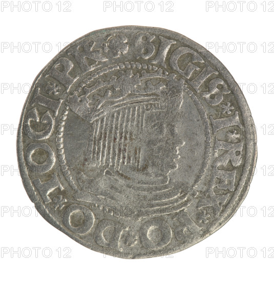 Gdansk grosz, Sigismund I the Old (King of Poland; 1506–1548). Polish coin (Jagiellon dynasty). Obverse: Crowned male royal bust in profile turned to the right; rim between pearl-shaped borders with inscription .SIGIS.I.REX.PO.DO.TOCI.PR. Reverse: Coat of arms of Gdansk; rim between pearl-shaped borders with inscription .GROSSVS.CIVI.DANCZ.1533. Dated 1533. Polish, Gdansk.