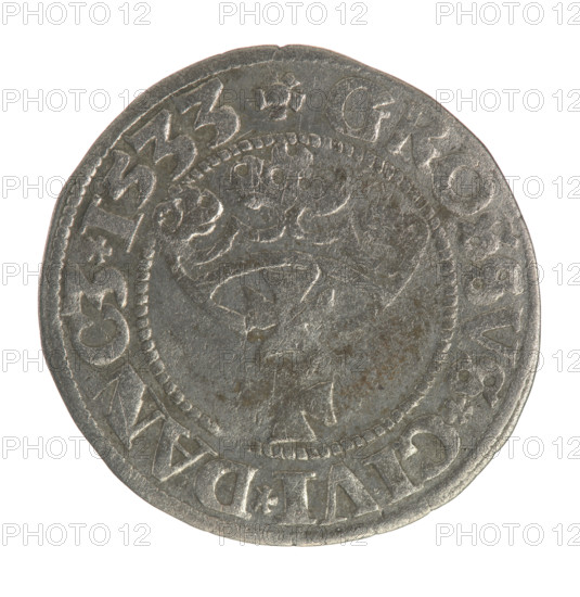 Gdansk grosz, Sigismund I the Old (King of Poland; 1506–1548). Polish coin of the Jagiellon dynasty. Obverse: Crowned male royal bust in profile facing right; in the rim between pearl-shaped borders an inscription: .SIGIS.I.REX.PO.DO.TOCI.PR. Reverse: Coat of arms of Gdansk; in the rim between pearl-shaped borders an inscription: .GROSSVS.CIVI.DANCZ.1533. Dated 1533.