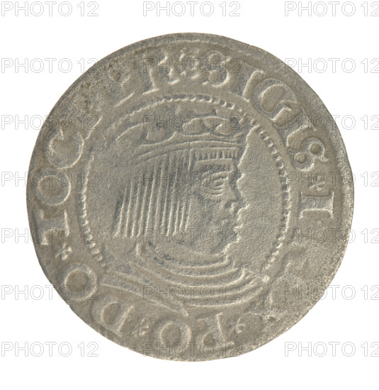 Gdansk grosz, Sigismund I the Old (King of Poland; 1506–1548). Silver coin (1533). Obverse: Crowned male bust in profile turned to the right; rim between pearl-shaped borders with inscription .SIGIS.I, X.PO.DO.TOCI.PR. Reverse: Coat of arms of Gdansk; rim between pearl-shaped borders with inscription .GROSSVS.CIVI.DANCZ.1533. Poland, Gdansk.