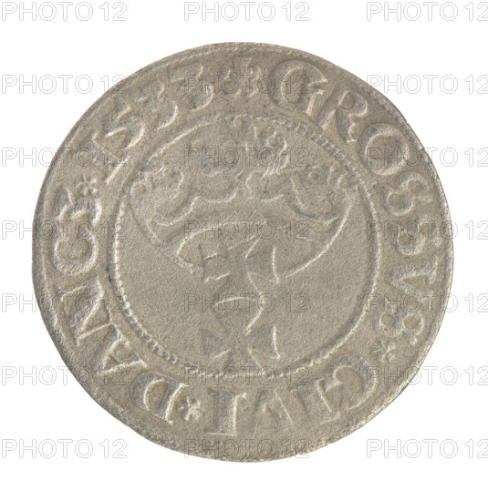Gdansk grosz, Sigismund I the Old (King of Poland; 1506–1548). Polish coin, Jagiellon dynasty. Obverse: Crowned male royal bust in profile turned right; rim between pearl-shaped borders with inscription '.SIGIS.I.X.PO.DO.TOCI.PR'. Reverse: Coat of arms of Gdansk; rim between pearl-shaped borders with inscription '.GROSSVS.CIVI.DANCZ.1533'. 1533; Poland, Gdansk.