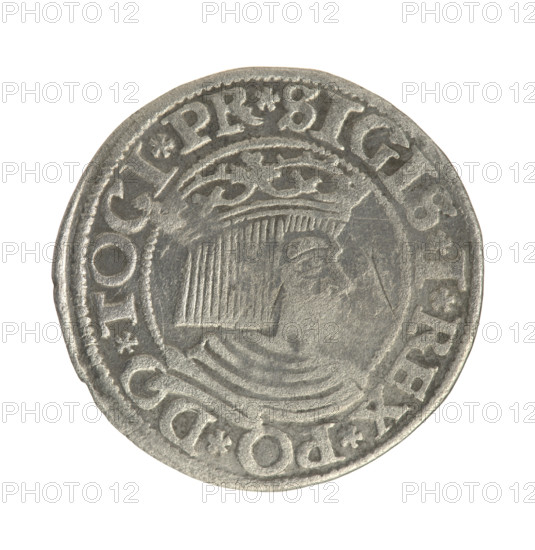 Gdansk grosz, Sigismund I the Old (King of Poland; 1506–1548). Polish coin (1534). Obverse: Crowned male bust in profile turned to the right; rim between pearl-shaped borders with inscription '.SIGIS.I.REX.PO.DO.TOCI.PR'. Reverse: Coat of arms of Gdansk; rim between pearl-shaped borders with inscription '.GROSSVS.CIVI.DANCZ.1534'.