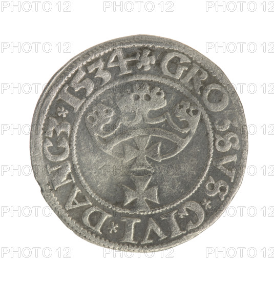 Gdansk grosz, Sigismund I the Old (King of Poland; 1506–1548). Polish coin, Jagiellon dynasty. Obverse: Crowned male bust in profile turned to the right; rim between pearl-shaped borders with inscription .SIGIS.I.REX.PO.DO.TOCI.PR. Reverse: Coat of arms of Gdansk; rim between pearl-shaped borders with inscription .GROSSVS.CIVI.DANCZ.1534. Dated 1534. Poland, Gdansk.