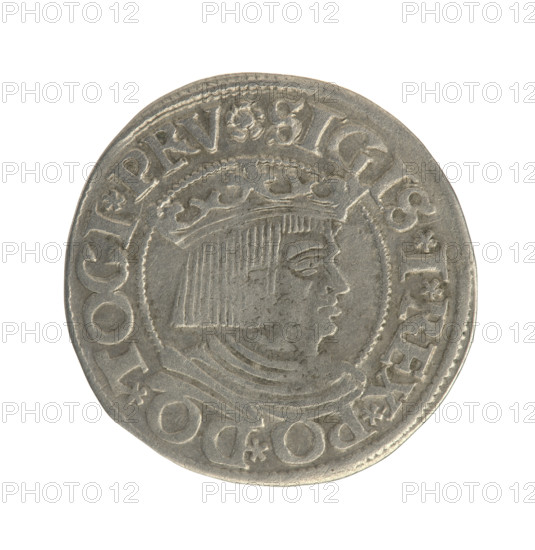 Gdansk grosz, Sigismund I the Old (King of Poland; 1506–1548). Polish coin (1534). Obverse: Crowned male bust in profile turned to the right; in the rim between pearl-shaped borders an inscription: .SIGIS.I.REX.PO.DO.TOCI.PRV. Reverse: Coat of arms of Gdansk; in the rim between pearl-shaped borders an inscription: .GROSSVS.CIVI.DANCZ.1534. Materials: coin; style: royal bust, city coat of arms.