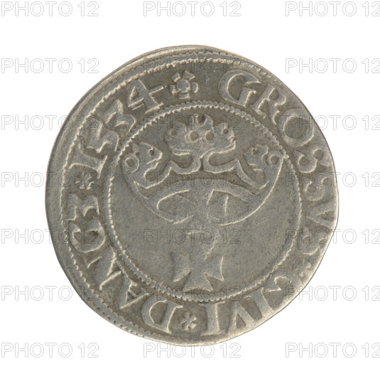 Gdansk grosz, Sigismund I the Old (King of Poland; 1506–1548). Polish coin, Jagiellon dynasty. Obverse: Crowned male royal bust (Sigismund I) in profile facing right; rim between pearl-shaped borders with inscription: .SIGIS.I.REX.PO.DO.TOCI.PRV. Reverse: Coat of arms of Gdansk; rim between pearl-shaped borders with inscription: .GROSSVS.CIVI.DANCZ.1534. Dated 1534. Poland, Gdansk.