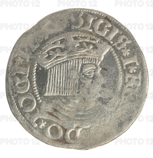Gdansk grosz, Sigismund I the Old (King of Poland; 1506–1548). Polish coin (1534), Jagiellon dynasty. Obverse: Crowned royal male bust in profile turned right; rim between pearl-shaped borders with inscription 'SIGIS.IR, DO.TOCI.' Reverse: Coat of arms of Gdansk; rim between pearl-shaped borders with inscription 'SVS.CIVI, CZ.1534.'