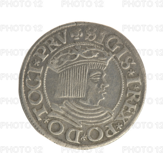 Gdansk grosz, Sigismund I the Old (King of Poland; 1506–1548). Obverse: Crowned male bust in profile turned to the right; in the rim between pearl-shaped borders an inscription: .SIGIS.I.REX.PO.DO.TOCI.PRV. Reverse: Coat of arms of Gdansk; in the rim between pearl-shaped borders an inscription: .GROSSVS.CIVI.DANCZ.1534. Dated 1534. Polish coin; Jagiellonian dynasty; royal/male bust iconography; Gdansk (coat of arms).