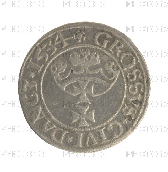 Gdansk grosz, Sigismund I the Old (King of Poland; 1506–1548). Obv.: Crowned male bust in profile turned to the right; in the rim between pearl-shaped borders an inscription: .SIGIS.I.REX.PO.DO.TOCI.PRV. Rev.: Coat of arms of Gdansk; in the rim between pearl-shaped borders an inscription: .GROSSVS.CIVI.DANCZ.1534. 1534. Poland, Gdansk. Jagiellonian-era coin; royal bust; city coat of arms.