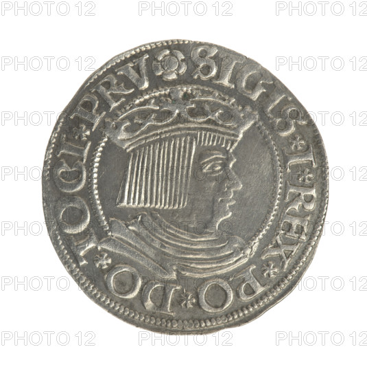 Gdansk grosz, Sigismund I the Old (King of Poland; 1506–1548). Silver coin (grosz), 1534. Obverse: Crowned male bust in profile turned to the right; rim between pearl-shaped borders with inscription '.SIGIS.I.REX.PO.DO.TOCI.PRV'. Reverse: Coat of arms of Gdansk; rim between pearl-shaped borders with inscription '.GROSSVS.CIVI.DANCZ.1534'. Poland, Gdansk.