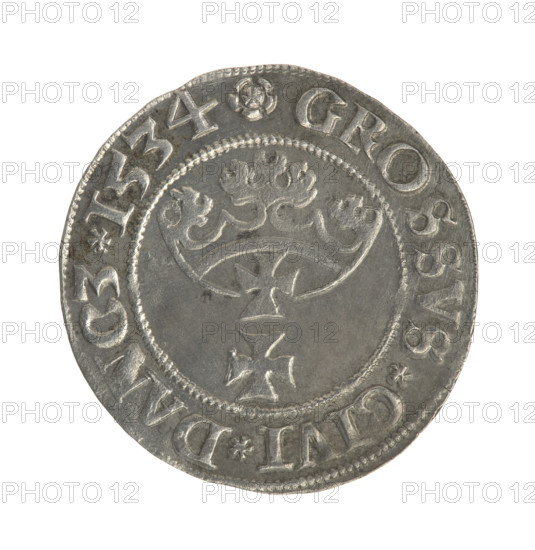Gdansk grosz, Sigismund I the Old (King of Poland; 1506–1548). Polish coin, Jagiellon dynasty. Obverse: Crowned male (royal) bust in profile turned to the right; in the rim between pearl-shaped borders an inscription: .SIGIS.I.REX.PO.DO.TOCI.PRV. Reverse: Coat of arms of Gdansk; in the rim between pearl-shaped borders an inscription: .GROSSVS.CIVI.DANCZ.1534. Dated 1534.