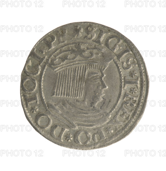 Gdansk grosz coin of Sigismund I the Old (King of Poland, reign 1506–1548). Obverse: Crowned male bust in profile turned right; rim between pearl-shaped borders with inscription '.SIGIS.I.REX.PO.DO.TOCI.PR'. Reverse: Coat of arms of Gdansk; rim between pearl-shaped borders with inscription '.GROSSVS.CIVI.DANCZ.1534'. Dated 1534; Poland (Gdansk).