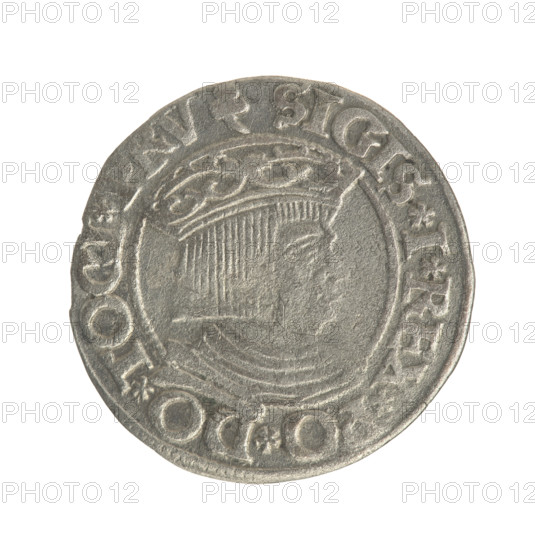Gdansk grosz, Sigismund I the Old (King of Poland; 1506–1548). Polish coin (1535). Obverse: Crowned male bust in profile facing right; rim between pearl-shaped borders with inscription '.SIGIS.I.REX.PO.DO.TOCI.PRV'. Reverse: Coat of arms of Gdansk; rim between pearl-shaped borders with inscription '.GROSSVS.CIVI.DANCZ.1535'.