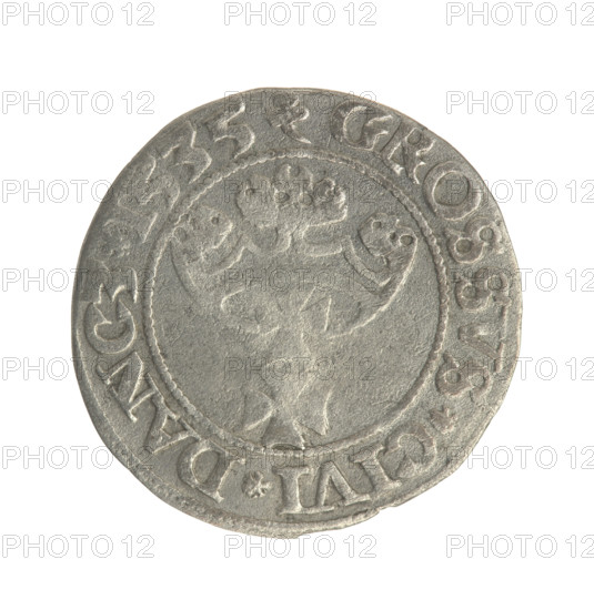 Gdansk grosz, Sigismund I the Old (King of Poland; 1506–1548). Silver coin (grosz), 1535. Obverse: Crowned male bust in profile turned to the right; rim inscription between pearl-shaped borders: .SIGIS.I.REX.PO.DO.TOCI.PRV. Reverse: Coat of arms of Gdansk; rim inscription between pearl-shaped borders: .GROSSVS.CIVI.DANCZ.1535. Subjects: royal male bust, city coat of arms; style/iconography: Jagiellon dynasty, Polish coin.