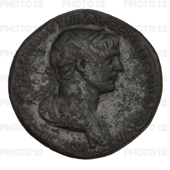 Sestertius, Trajan (53–117; Roman emperor 98–117). Obverse: head of Trajan in laurel wreath facing right; rim inscription IMP CAES NER TRAIANO OPTIMO AVG GER DAC PM TR P COS VI PP. Reverse: Felicitas (personification) stands dressed in a long robe facing left, a caduceus in her right hand and a horn of plenty in her left; letters S - C on either side; rim inscription SENATVS POPVLVSQVE ROMANVS. Date: 115–116. Roman Empire (27 BC–476), Rome. Coin, weight 23.85 g.