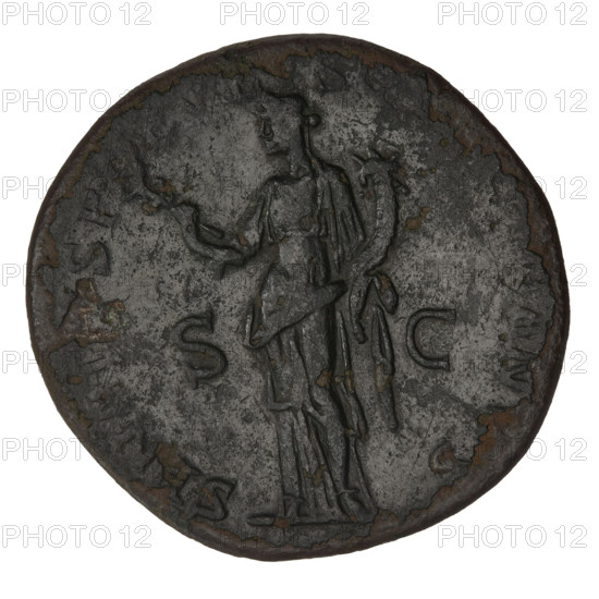 Sestertius of Trajan (53–117; Roman emperor 98–117). Obverse: head of Trajan in a laurel wreath facing right; rim inscription IMP CAES NER TRAIANO OPTIMO AVG GER DAC PM TR P COS VI PP. Reverse: Felicitas (personification) stands dressed in a long robe facing left, a caduceus in her right hand and a horn of plenty in her left; on either side the letters S - C; rim inscription SENATVS POPVLVSQVE ROMANVS. Date: 115–116. Roman Empire (27 BC–476), Rome. Coin, weight 23.85 g.